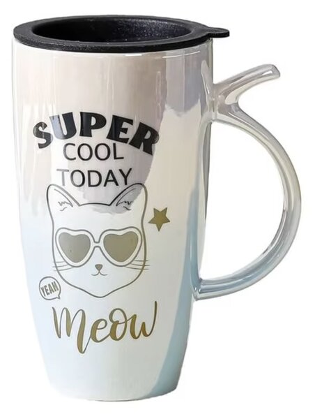 Cana inalta din ceramica cu capac Pufo Cool Today, pentru cafea sau ceai, 450 ml