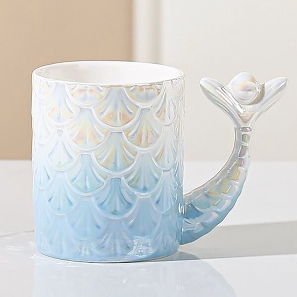 Cana cu capac din ceramica si lingurita Pufo Princess pentru cafea sau ceai, 300 ml, albastru