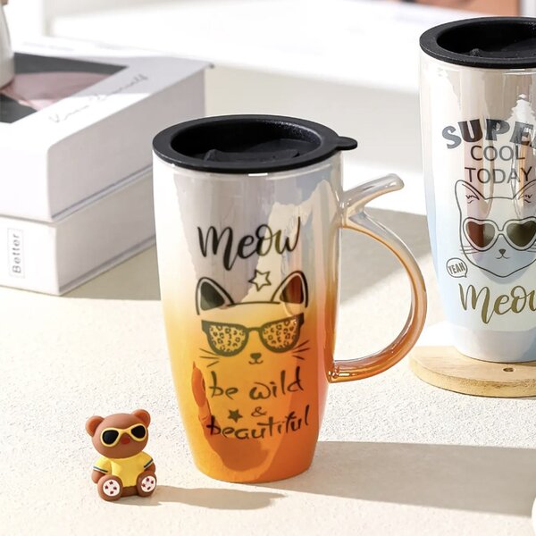 Cana inalta din ceramica cu capac Pufo Wild & Beautiful, pentru cafea sau ceai, 450 ml