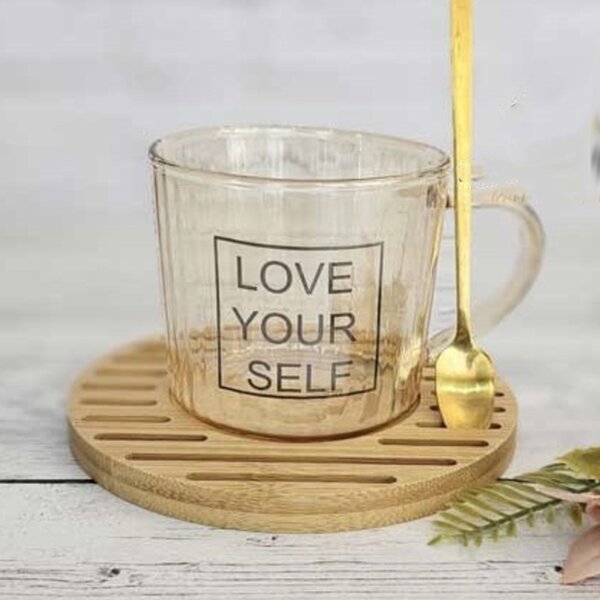 Cana din sticla cu suport din lemn de bambus si lingurita Pufo Love Yourself pentru cafea sau ceai, 200 ml