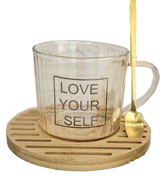 Cana din sticla cu suport din lemn de bambus si lingurita Pufo Love Yourself pentru cafea sau ceai, 200 ml