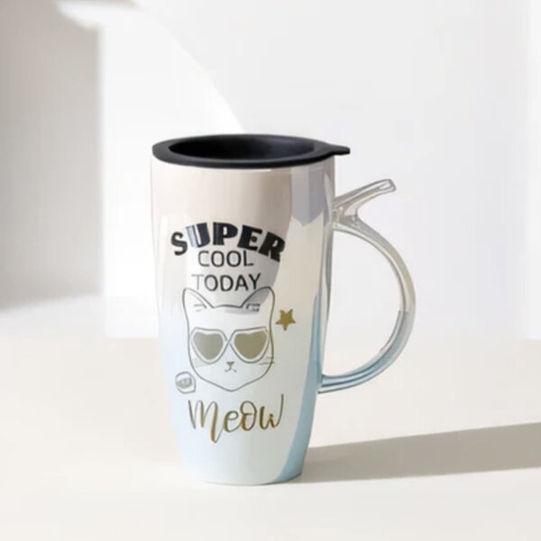 Cana inalta din ceramica cu capac Pufo Cool Today, pentru cafea sau ceai, 450 ml