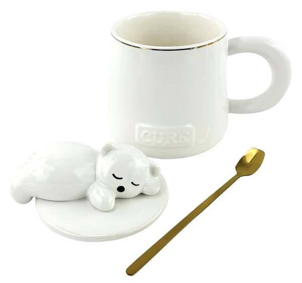 Cana cu capac din ceramica si lingurita Pufo Sleepy Bear pentru cafea sau ceai, 320 ml, alb