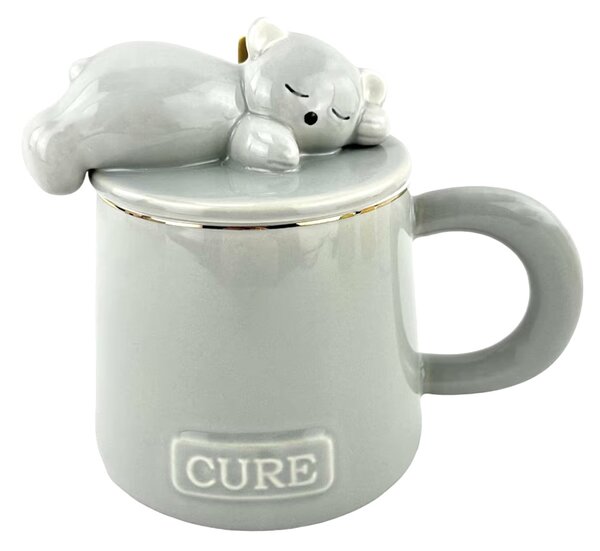 Cana cu capac din ceramica si lingurita Pufo Sleepy Bear pentru cafea sau ceai, 320 ml, gri
