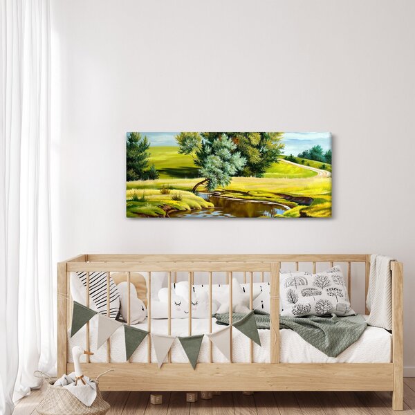 Tablou - Râu între câmpii, pictură în ulei (120x50 cm)