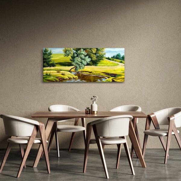 Tablou - Râu între câmpii, pictură în ulei (120x50 cm)