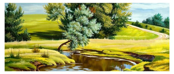 Tablou - Râu între câmpii, pictură în ulei (120x50 cm)