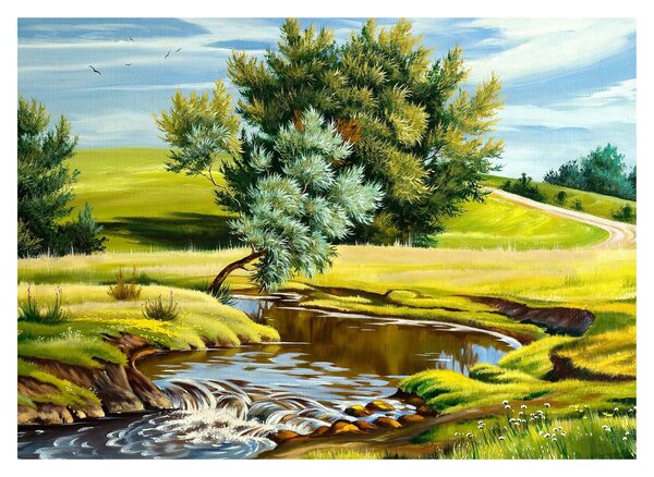 Tablou - Râu între câmpii, pictură în ulei (70x50 cm)