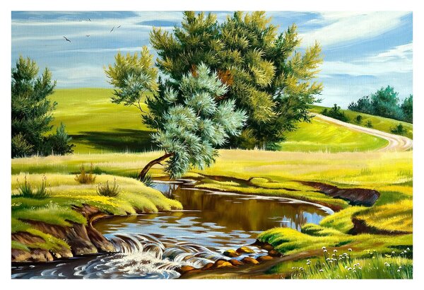 Tablou - Râu între câmpii, pictură în ulei (90x60 cm)