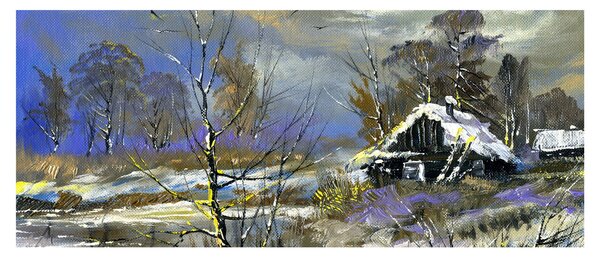 Tablou -Cabane într-un peisaj de iarnă, pictură în ulei (120x50 cm)
