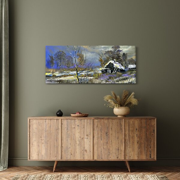 Tablou -Cabane într-un peisaj de iarnă, pictură în ulei (120x50 cm)