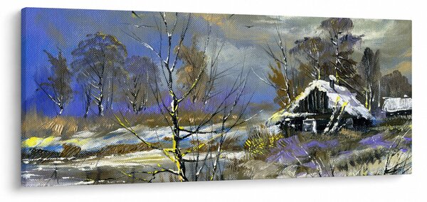 Tablou -Cabane într-un peisaj de iarnă, pictură în ulei (120x50 cm)