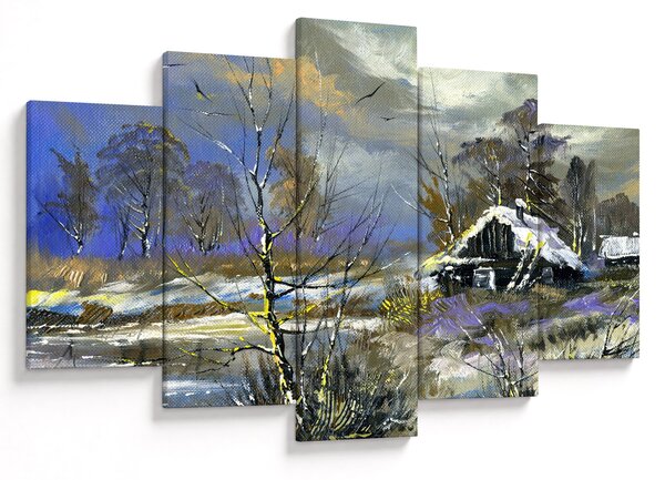 Tablou -Cabane într-un peisaj de iarnă, pictură în ulei (150x105 cm)