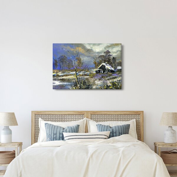 Tablou -Cabane într-un peisaj de iarnă, pictură în ulei (90x60 cm)