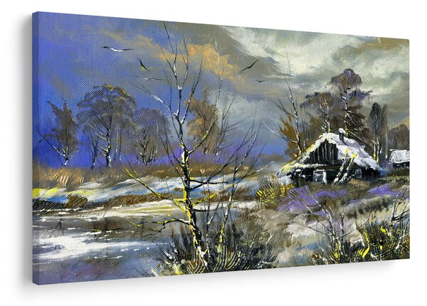 Tablou -Cabane într-un peisaj de iarnă, pictură în ulei (90x60 cm)