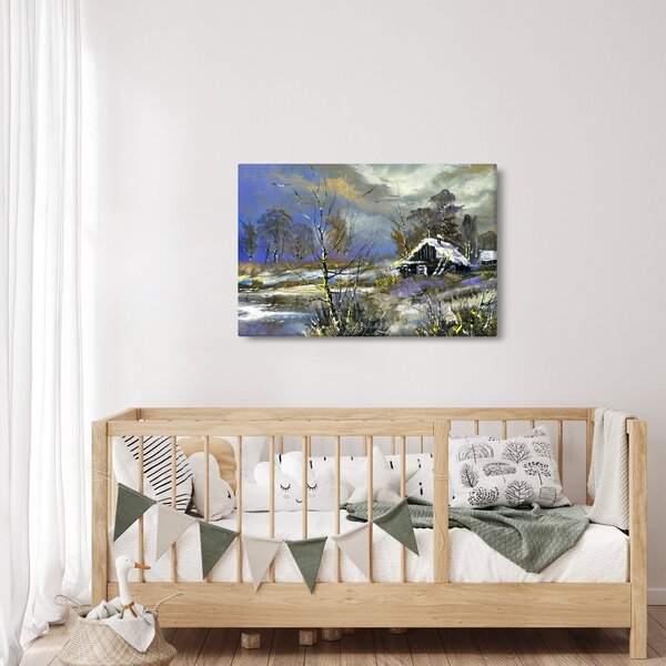 Tablou -Cabane într-un peisaj de iarnă, pictură în ulei (90x60 cm)