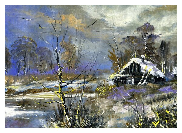 Tablou -Cabane într-un peisaj de iarnă, pictură în ulei (70x50 cm)
