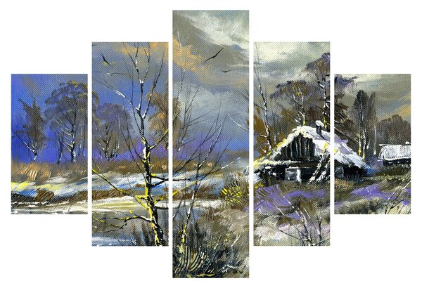 Tablou -Cabane într-un peisaj de iarnă, pictură în ulei (150x105 cm)