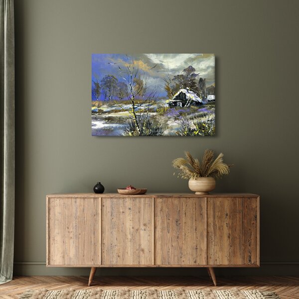 Tablou -Cabane într-un peisaj de iarnă, pictură în ulei (90x60 cm)