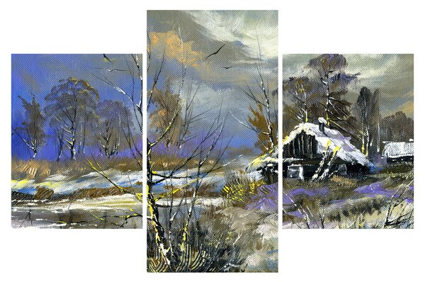 Tablou -Cabane într-un peisaj de iarnă, pictură în ulei (90x60 cm)