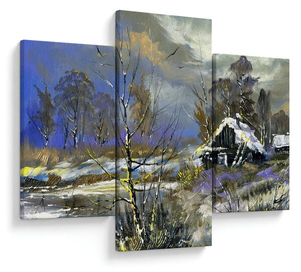 Tablou -Cabane într-un peisaj de iarnă, pictură în ulei (90x60 cm)