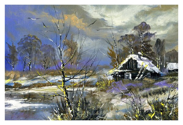 Tablou -Cabane într-un peisaj de iarnă, pictură în ulei (90x60 cm)