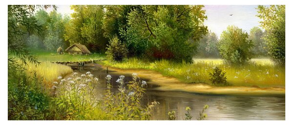 Tablou - Râu lângă pădure, pictură în ulei (120x50 cm)