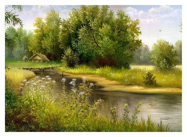 Tablou - Râu lângă pădure, pictură în ulei (70x50 cm)