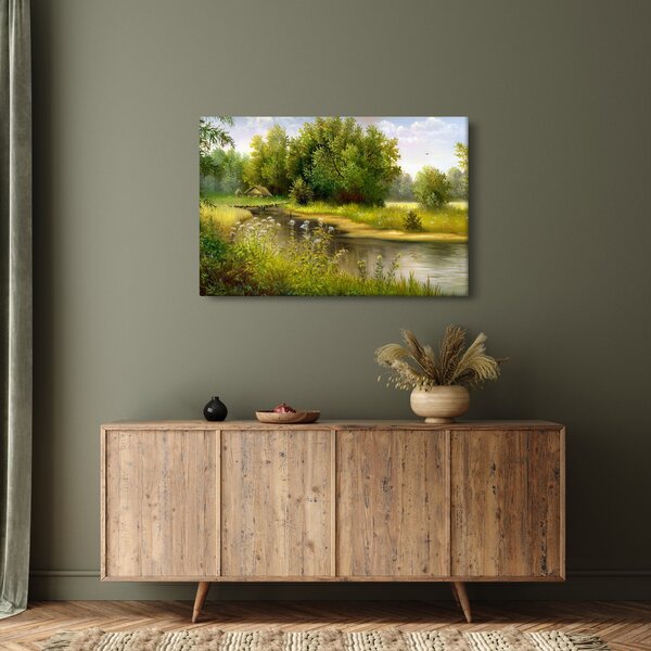 Tablou - Râu lângă pădure, pictură în ulei (90x60 cm)