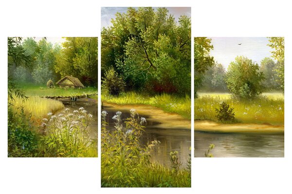 Tablou - Râu lângă pădure, pictură în ulei (90x60 cm)