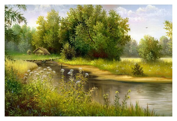 Tablou - Râu lângă pădure, pictură în ulei (90x60 cm)