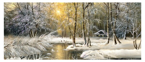 Tablou - Cabană în pădure, pictură în uei (120x50 cm)