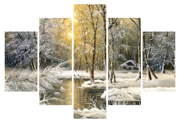 Tablou - Cabană în pădure, pictură în uei (150x105 cm)