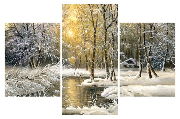 Tablou - Cabană în pădure, pictură în uei (90x60 cm)
