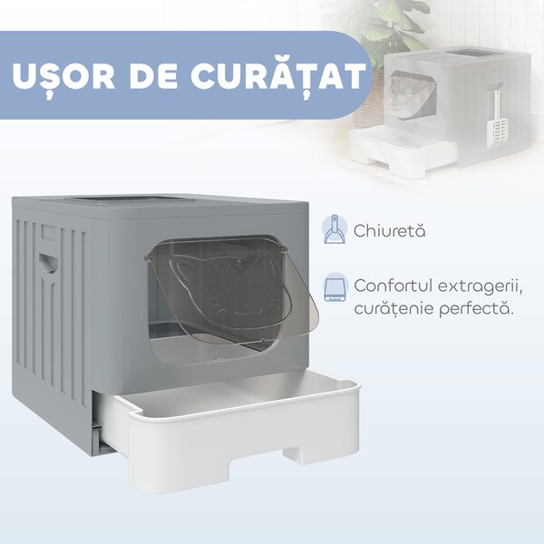 PawHut Litieră Închisă pentru Pisici, 60 L, cu Capac, Sertar Extractibil, Lopățică, Anti-scurgere, Ușor de Curățat, Gri | Aosom Romania
