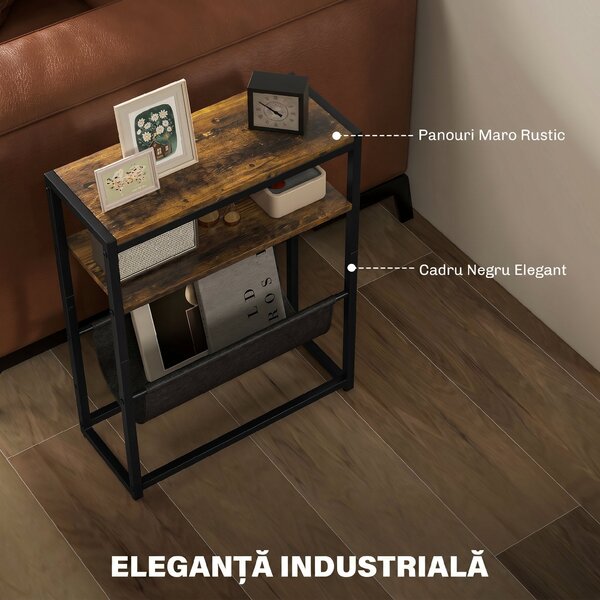 HOMCOM Măsuță De Living Îngustă cu 2 Rafturi, Suport Reviste V, PAL Oțel, 43x18x56 cm, Maro Rustic | Aosom Romania