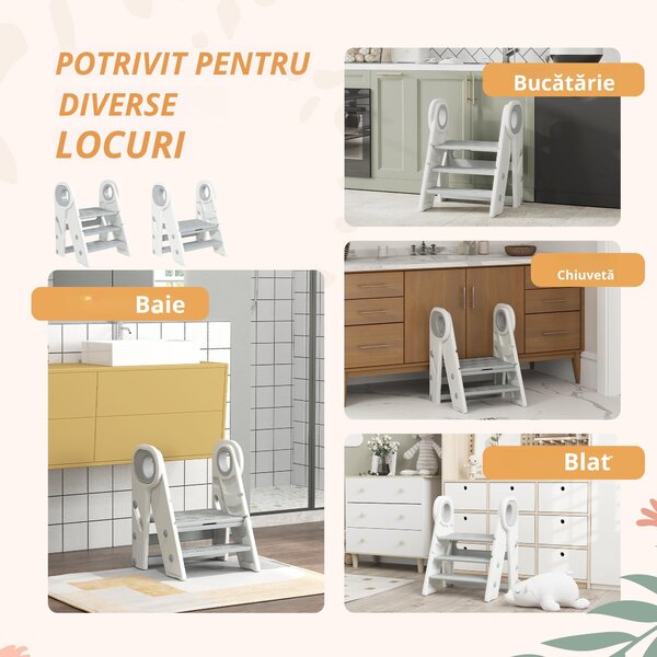 AIYAPLAY Treaptă pentru copii 3 trepte, scări de bucătărie pentru copii, pliabilă, înălțime ajustabilă de la 2 la 3 trepte, gri | Aosom Romania