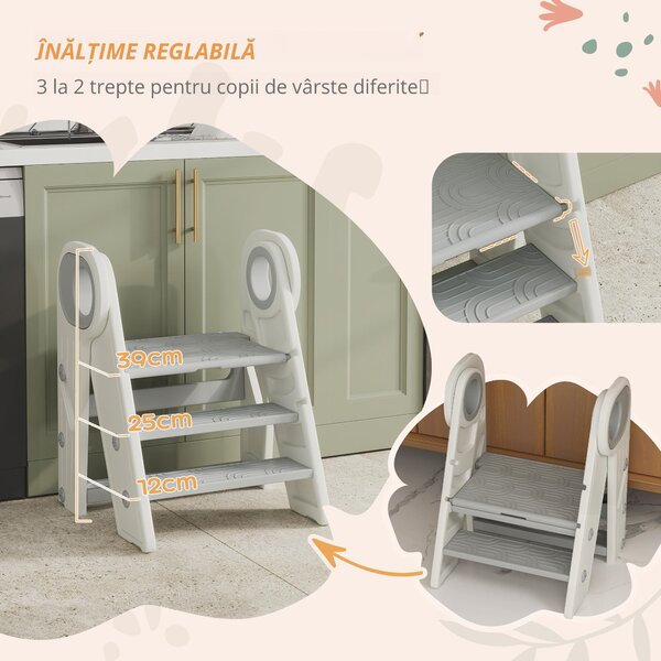 AIYAPLAY Treaptă pentru copii 3 trepte, scări de bucătărie pentru copii, pliabilă, înălțime ajustabilă de la 2 la 3 trepte, gri | Aosom Romania