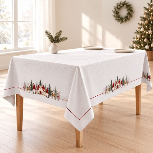 Fata de masa Craciun Koa cu gnomi, casuta si reni, 140x220cm, bumbac 100%