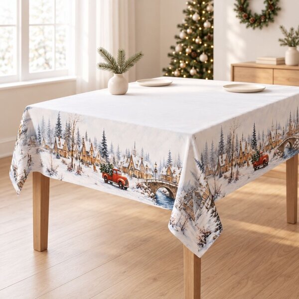 Fata de masa Craciun Home for Christmas peisaj de iarna, 140x220cm, bumbac 100%