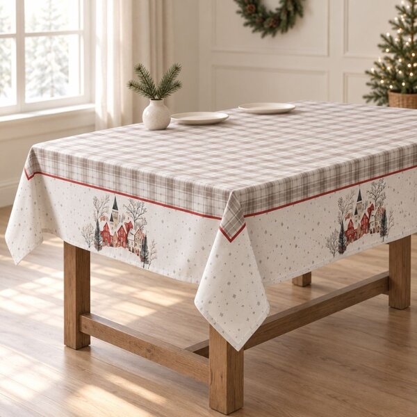 Fata de masa Craciun Lucca cu carouri si casute inzapezite, 140x220cm, bumbac 100%