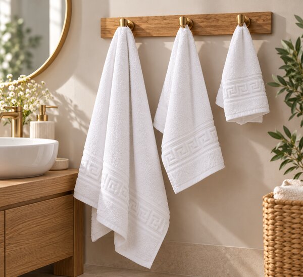 Set 3 Prosoape de Baie Albe, 30×50 cm, 50x90 cm, 70x140 cm, Greek Border, 500 g/mp