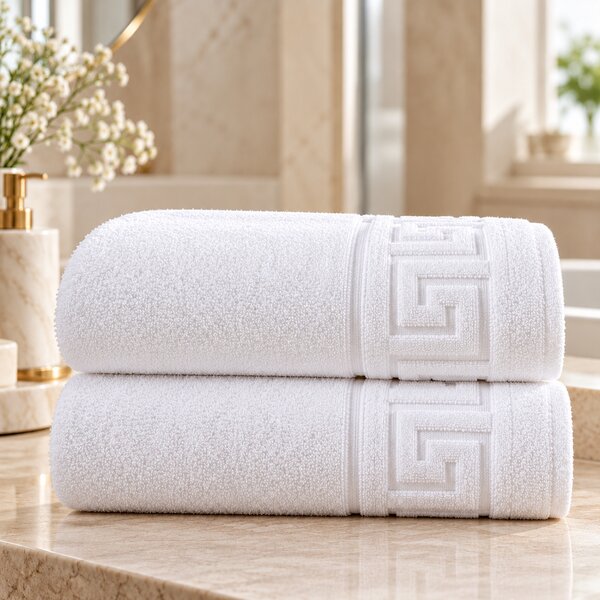 Set 2 Prosoape de Baie Alb 70×140 cm, Greek Border, 500 g/mp