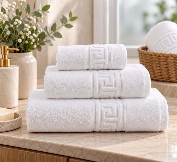 Set 3 Prosoape de Baie Albe, 30×50 cm, 50x90 cm, 70x140 cm, Greek Border, 500 g/mp