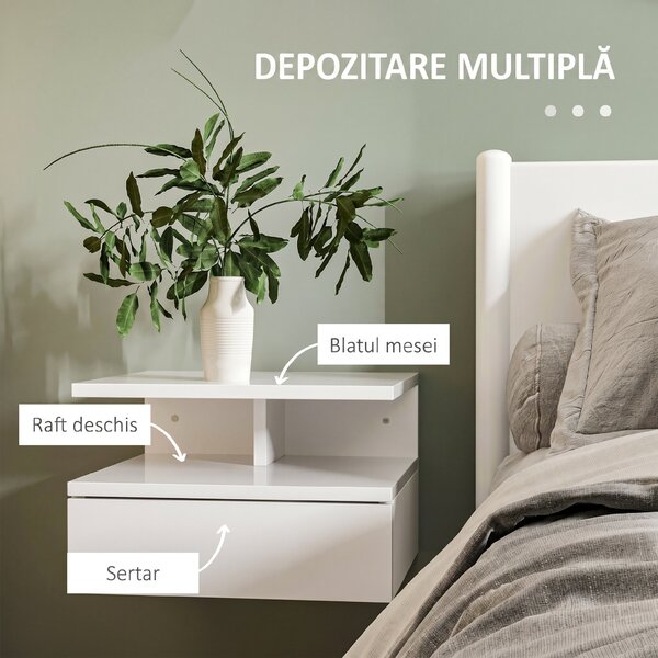 HOMCOM Set de 2 Noptiere Suspendate cu Raft Superior, Design Modern, Lemn, Alb Lucios, 35x32x22.5cm | Aosom Romania