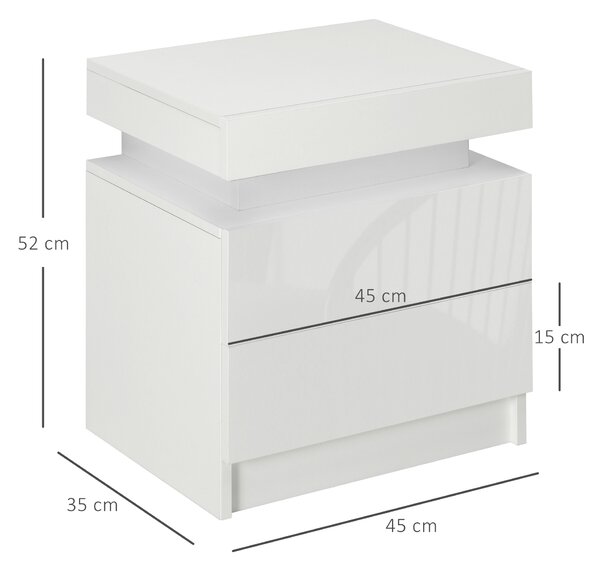 Noptiera alba HOMCOM cu lumina LED RGB, noptiera frontala lucioasa cu 2 sertare, pentru camera de zi, dormitor | Aosom RO