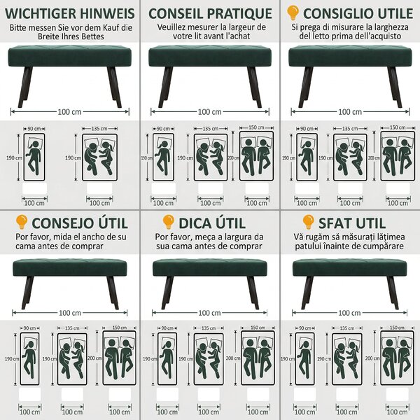 HOMCOM Bancă pentru Capătul Patului, Bancă cu Picioare din Oțel și Țesătură cu Efect de Catifea, 100x36x45 cm, Verde | Aosom Romania