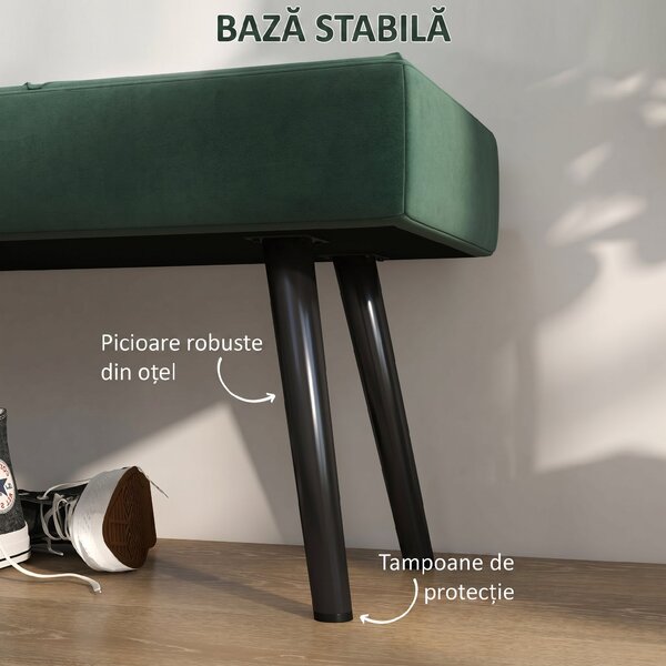 HOMCOM Bancă pentru Capătul Patului, Bancă cu Picioare din Oțel și Țesătură cu Efect de Catifea, 100x36x45 cm, Verde | Aosom Romania