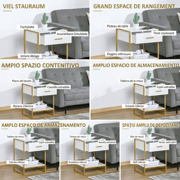 HOMCOM Set din 2 Noptiere Moderne, Noptiere cu Raft și Sertar, Organizatoare de Depozitare pentru Dormitor, 45x40x60 cm, Alb | Aosom Romania