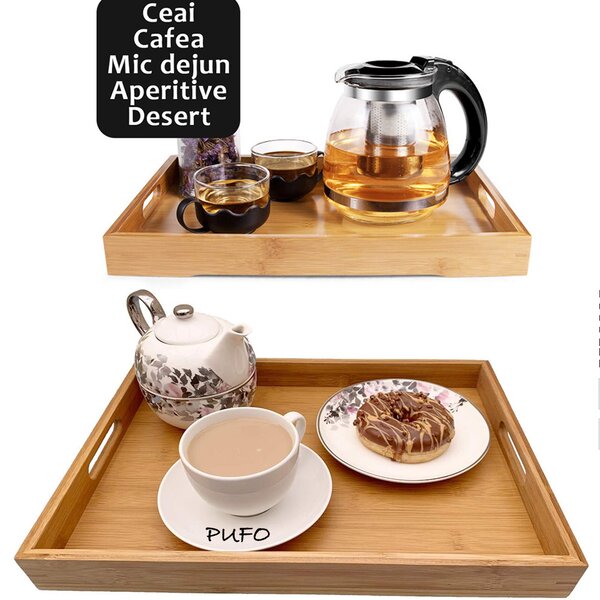 Tava Pufo cu manere din lemn de bambus pentru servire, 38 x 25 cm, maro